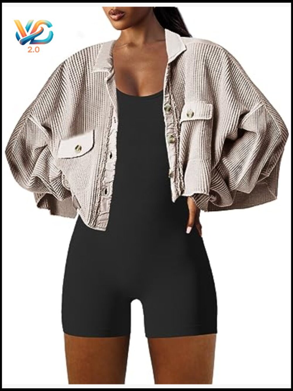 Cropped Button Down Waffle Knit Shacket Batwing Sleeve Jacket with Pockets - Picture 4 of 6